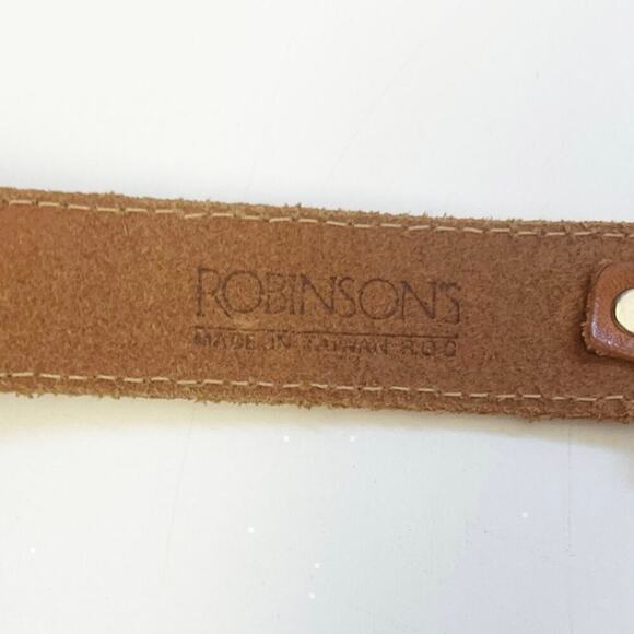VTG 90’s Robinson's BROWN LEATHER BELT Brass Metal Buckle and Conchos 30-34 - Picture 7 of 9